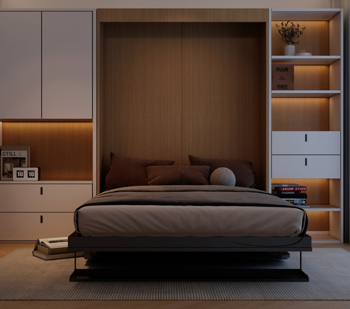 DUO wall bed with integrated modular storage and warm LED lighting
